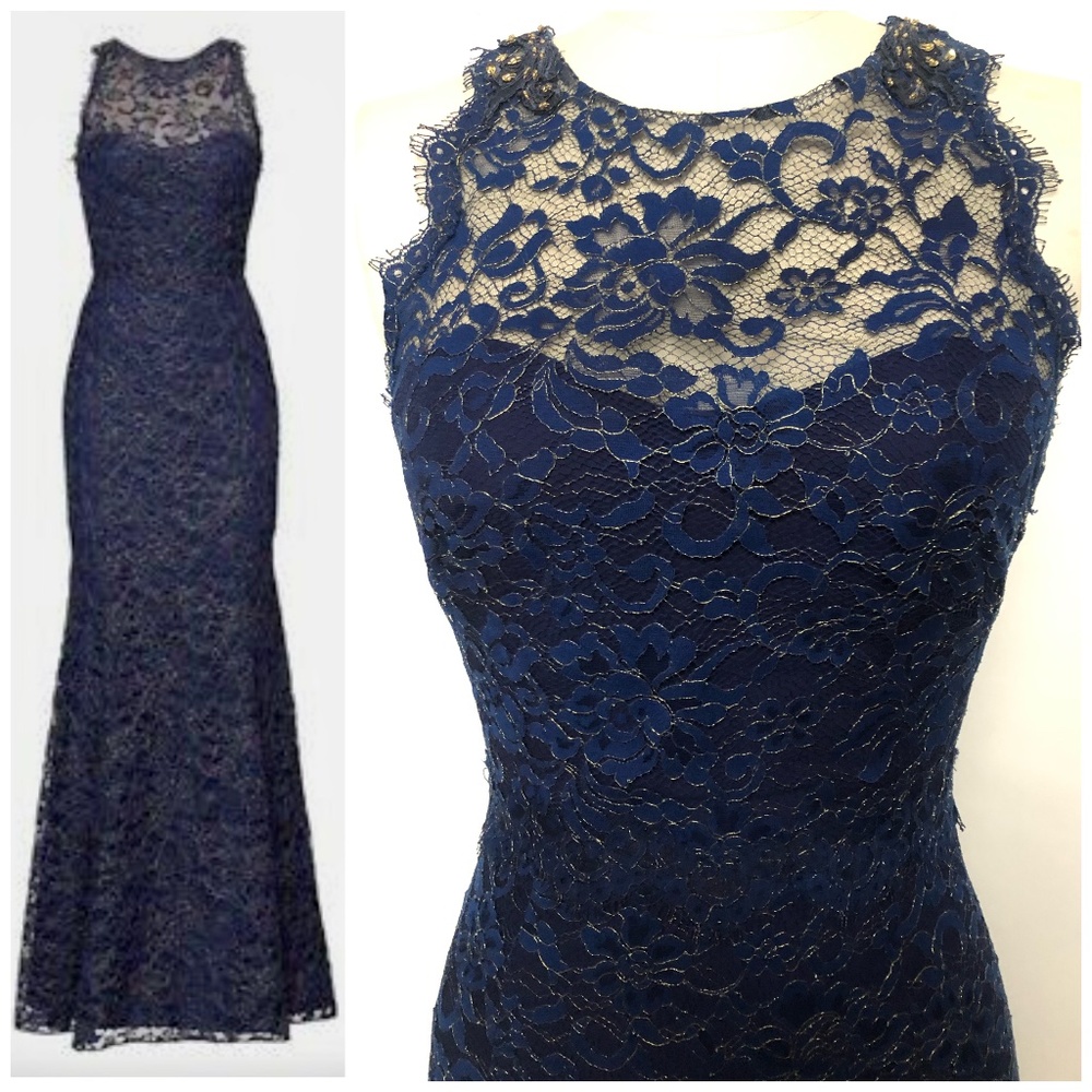 Marchesa Notte Metallic  Navy Lace Evening Gown with Beaded Back